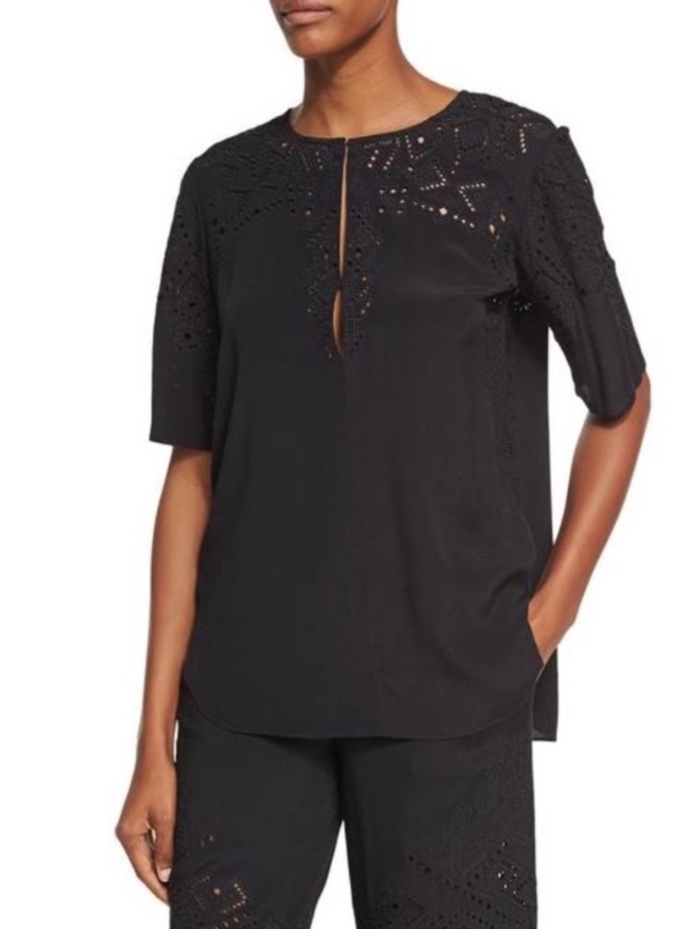 Theory black antazie ghost crepe eyelet lace short sleeve top womens M